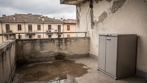 Armadio da esterno su un balcone con intonaco ammalorato, macchie di umidità e parapetto degradato